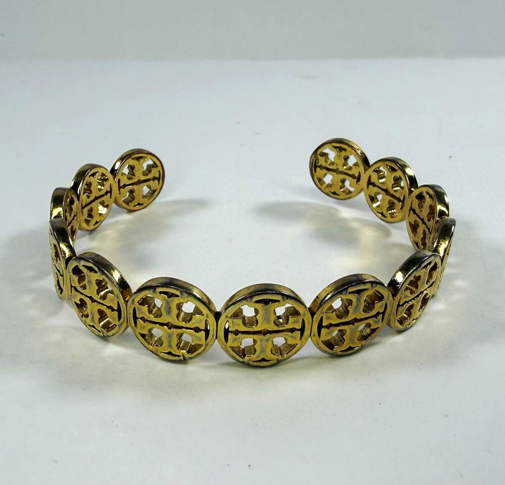 Tory Burch Gold Tone Logo Medallion Open Cuff Bracelet Round Cutout Link